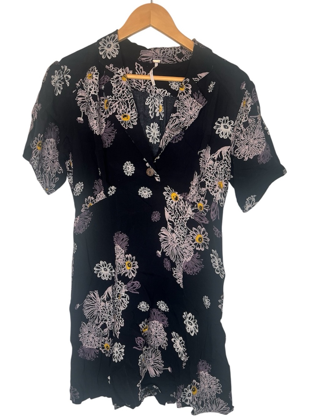 Free People Black Floral Print Short Sleeve Button Down Mini Dress Size Small
